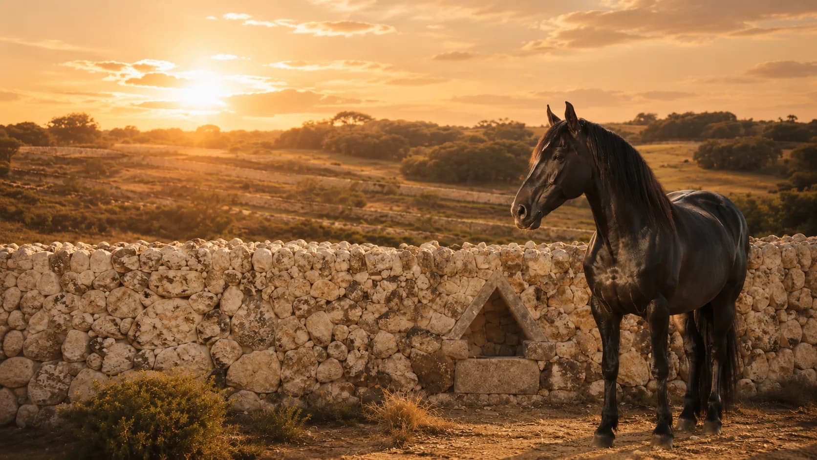 Un caballo menorquín junto a un muro de piedra al atardecer